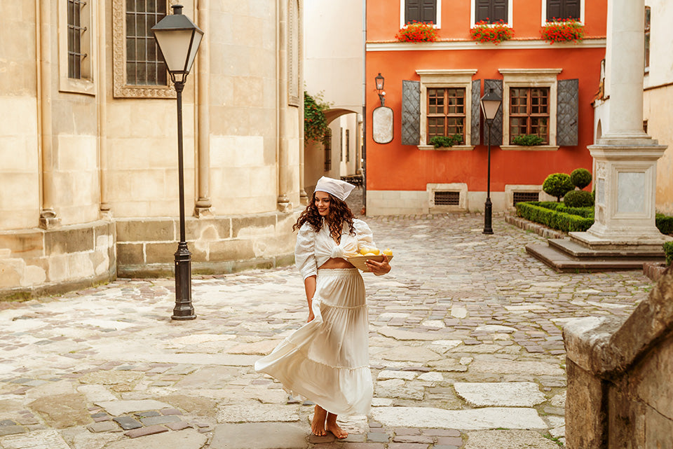 Woman wearing a white linen dress