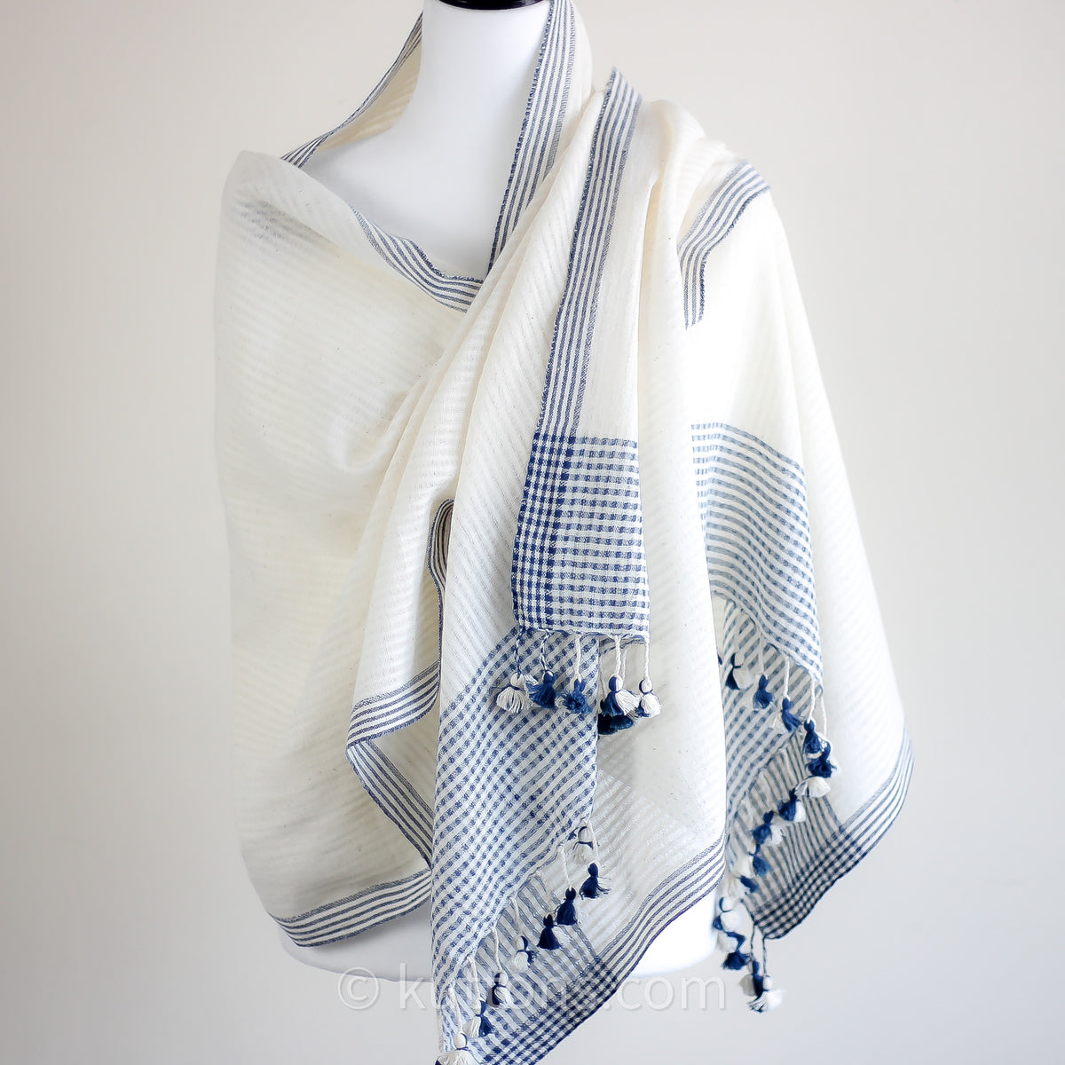 Organic Cotton Wrap, Dyed with Natural Dyes - Handspun & Handwoven by Women Weavers | White-Blue, 25x82"