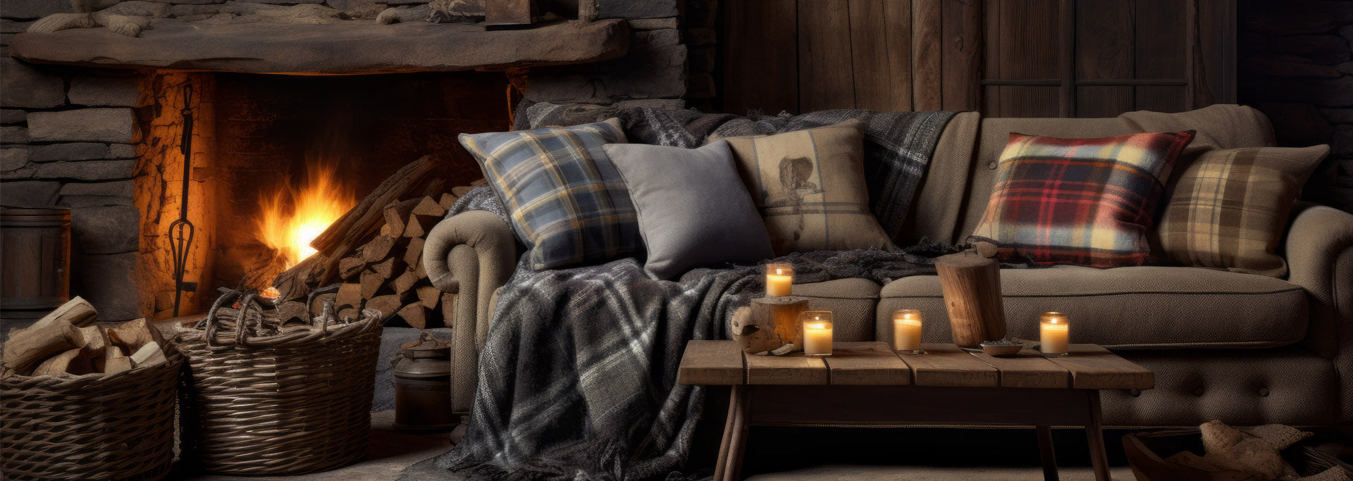 rustic charm - cozy room with fireplace, sofa and woven throws and blankets