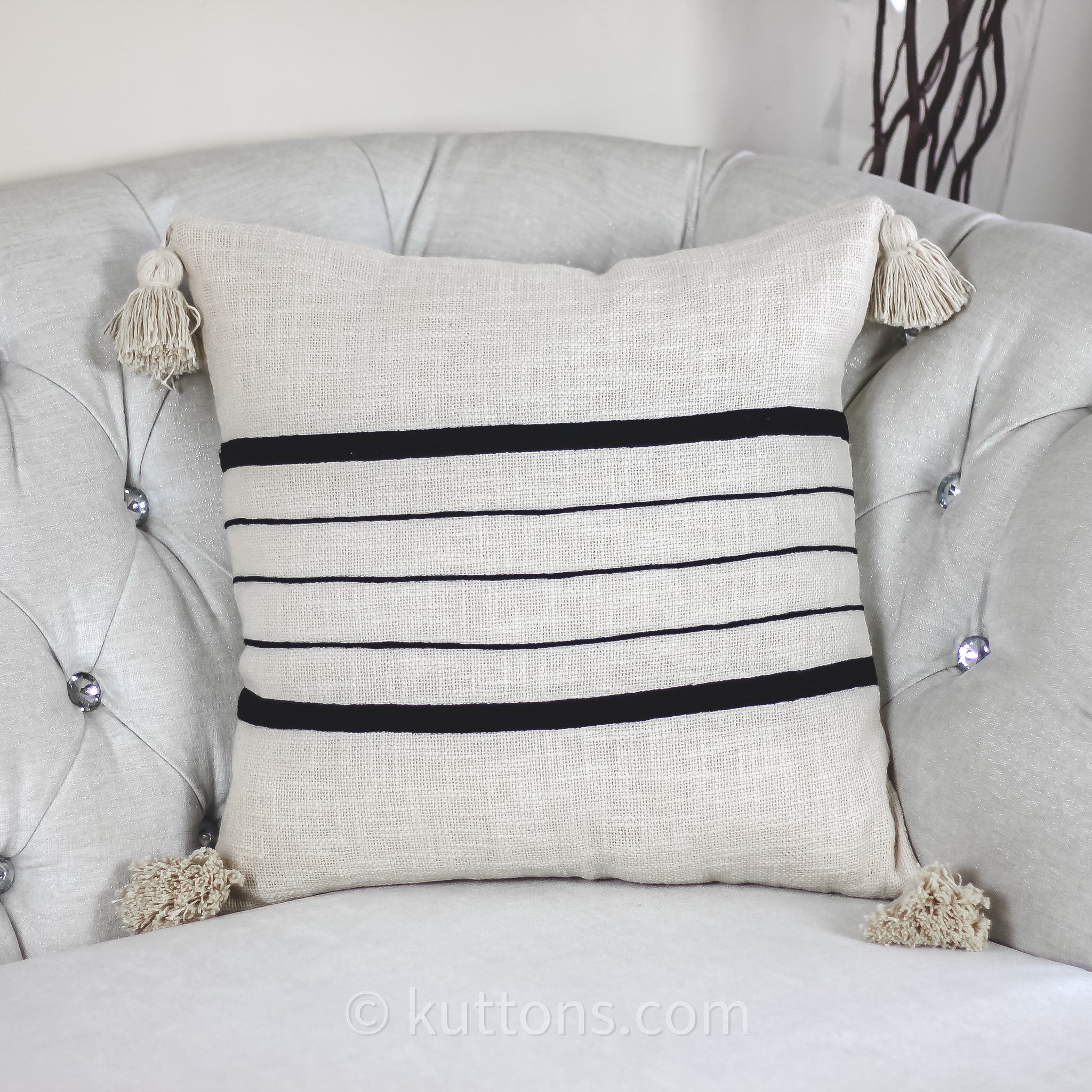 Handmade Textured Cotton Striped Pillow Cover - Corner Tassels