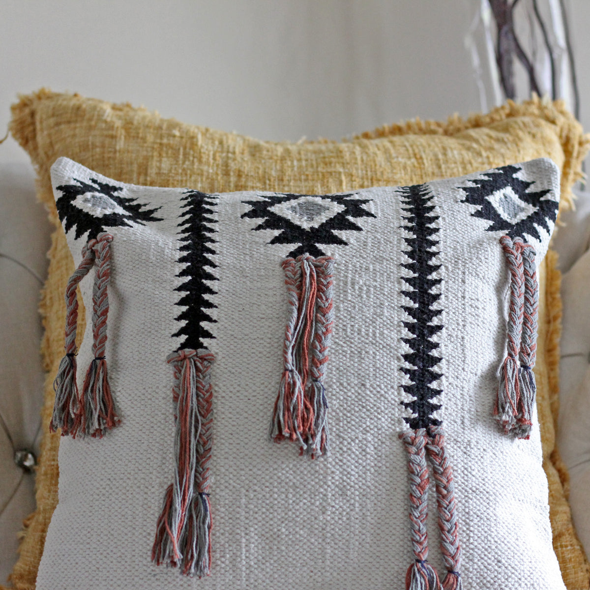 Handwoven Cotton Boho Pillow Cover - Playful Tassel Knots Cushion