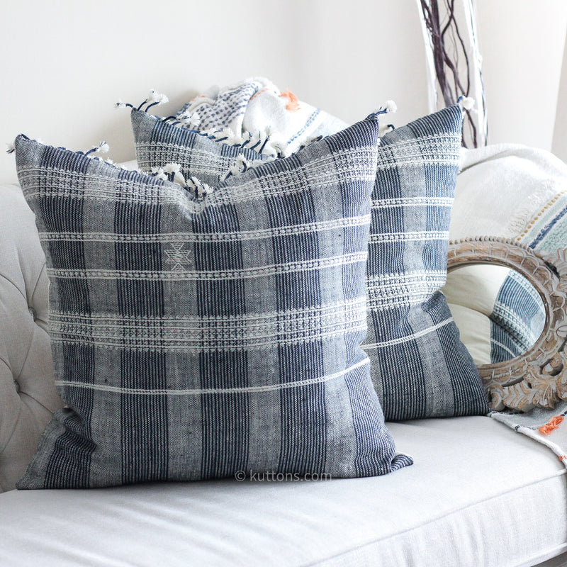 Handwoven Wool Cushion Cover with Tassels, blue