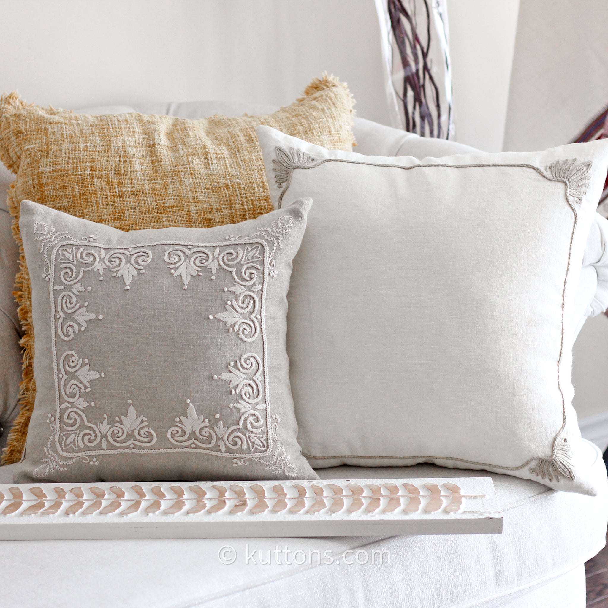 Embroidered 100% Pure Linen Cushion Covers - Decorative Linen Throw Pillow  (Set of 2)