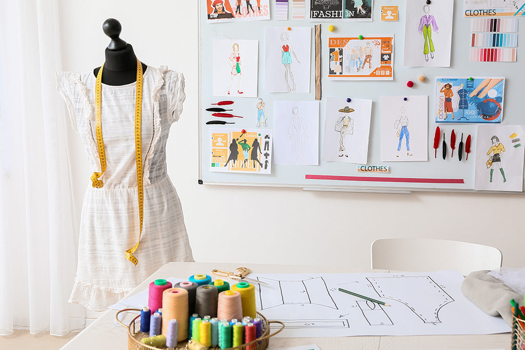 Fashion design studio with a dress on a mannequin, design sketches, pattern drafts, measuring tape