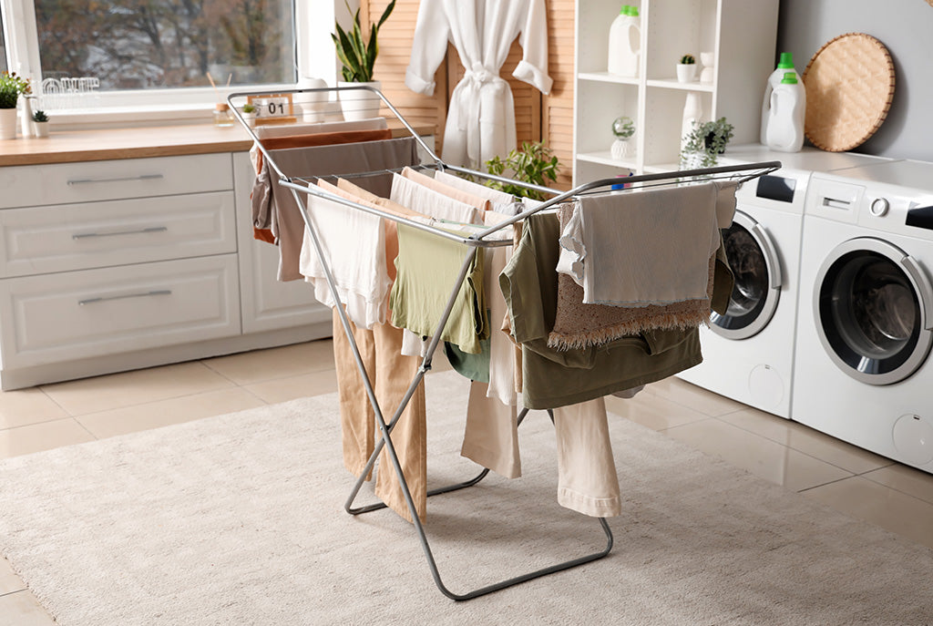Linen clothes hanging to dry after washing