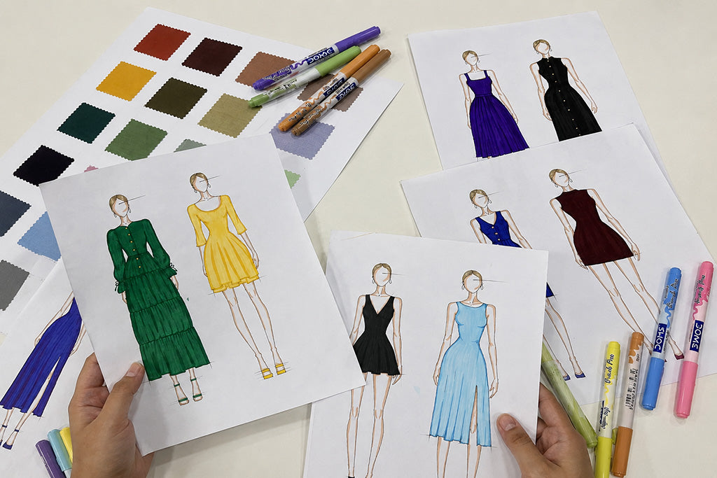 Fashion design sketches paired with color palettes and fabric selections, showcasing the creative development process