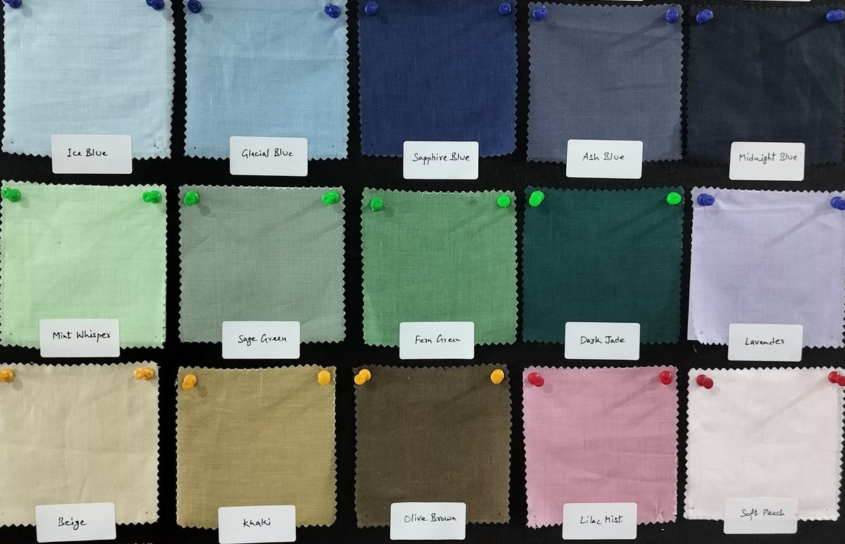 A display board showing color swatches of linen fabric