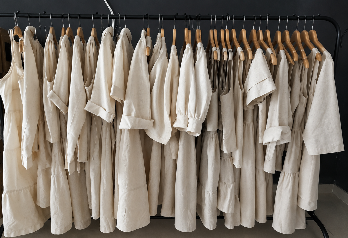 Collection of muslin sample garments hanging on a clothing rack