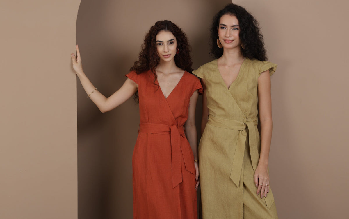 Models showcasing organic linen wrap dresses for women