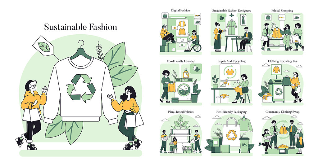 Infographic showing sustainable fashion practices like recycling, upcycling, eco-friendly fabrics, and ethical shopping