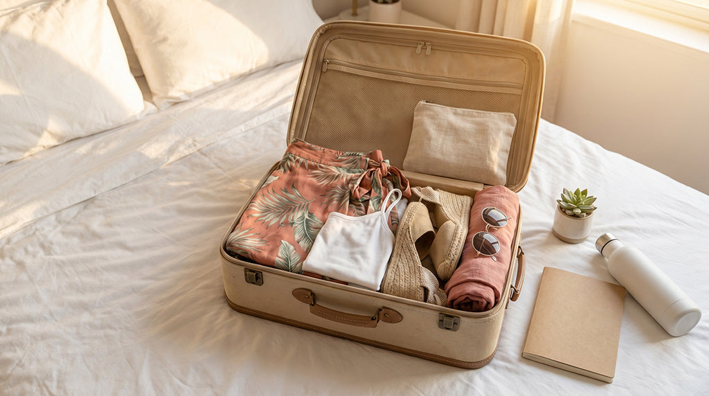Open suitcase neatly packed with a linen outfit, sandals and sunglasses