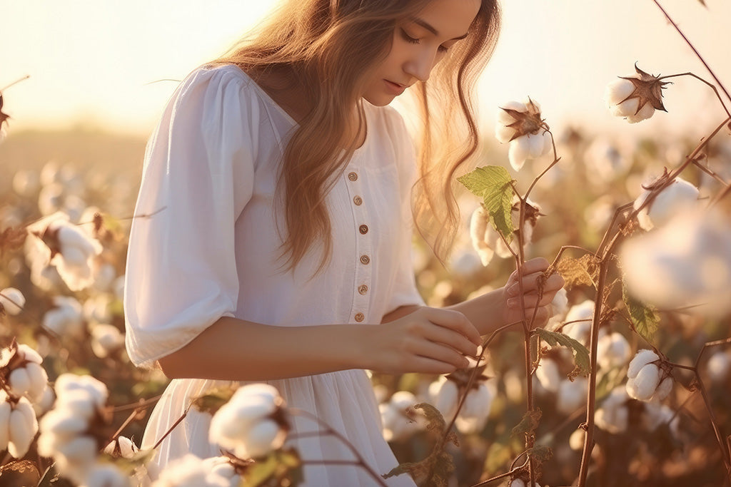 Young woman in white dress standing in a cotton field