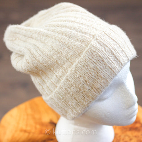 100% Pashmina Cashmere Hat - Handspun & Handknit Beanie from Ladakh Himalayas | Cream, Large Size