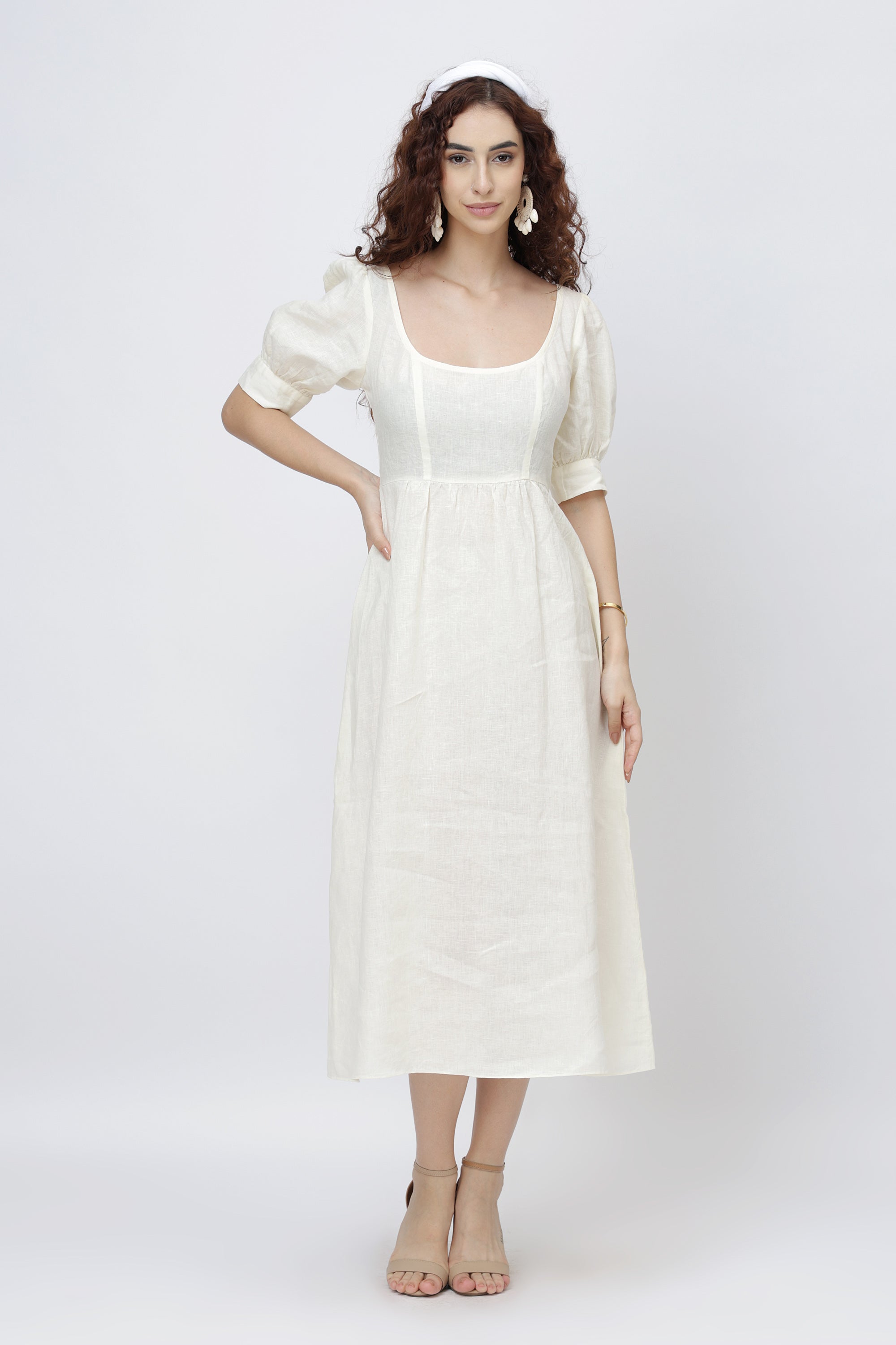 Cream linen midi dress for women with square neckline and puff sleeves