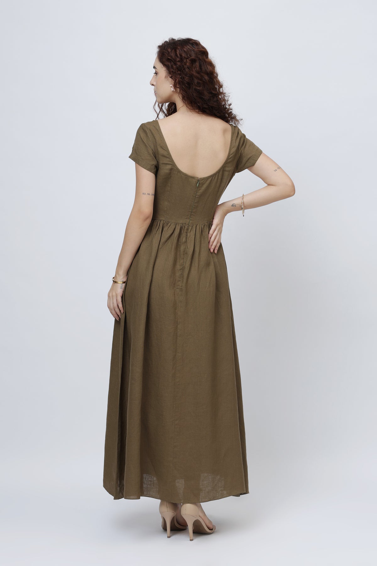 long olive brown linen dress - back view