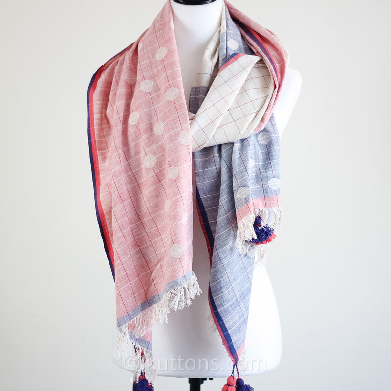 Beautiful Ethically Sourced Cotton Wrap - Handcrafted by Women Artisans in India | Pink-Blue, 30x86"