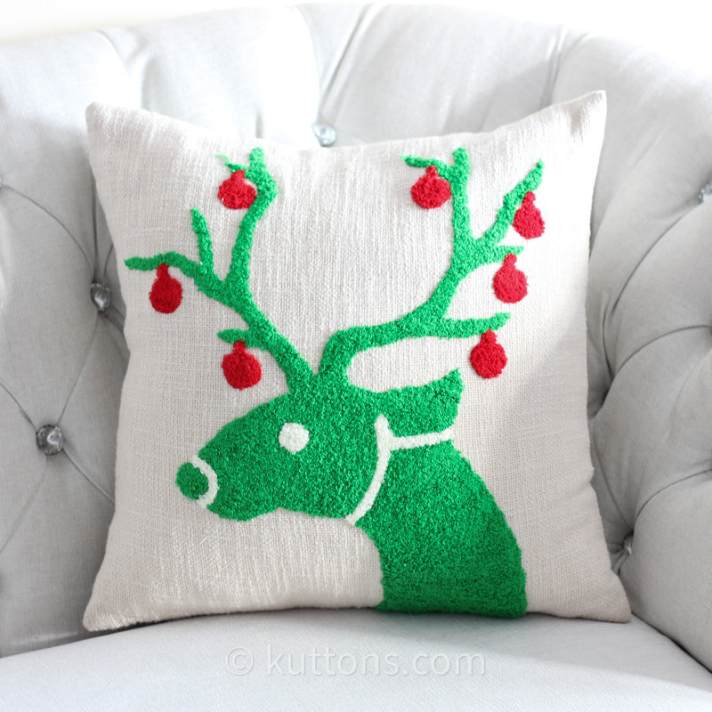 Christmas Reindeer Pillow Cover - Textured Cotton Tufted Throw Cushion Case | Cream-Green, 18x18" Square (Single)
