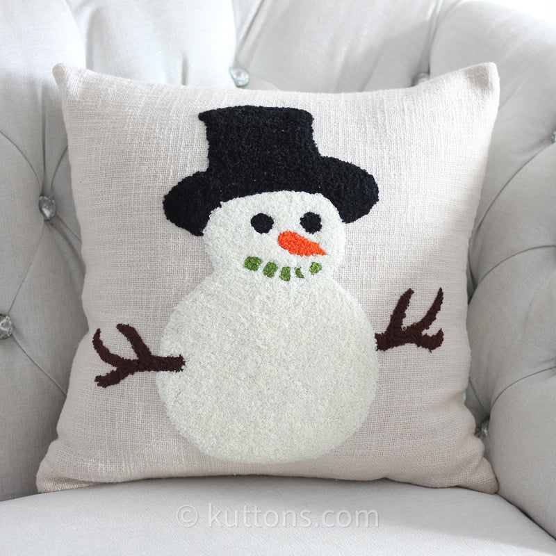 Christmas Snowman Cushion Cover - Textured Cotton Tufted Decorative Pillow Case | Cream, 18x18" Square (Single)