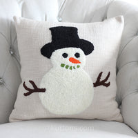 Christmas Snowman Cushion Cover - Textured Cotton Tufted Decorative Pillow Case | Cream, 18x18" Square (Single)
