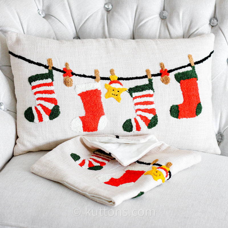 Christmas Stockings Cushion Cover - Textured Cotton Tufted Holiday Theme Pillow Case | Cream-Red, 24x14" (Pair of 2)
