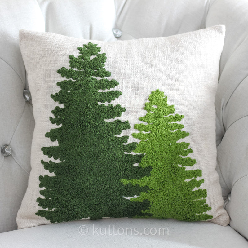 Christmas Trees Cushion Cover - Textured Cotton Decorative Throw Pillow Case | Cream-Green, 18x18" Square (Single)