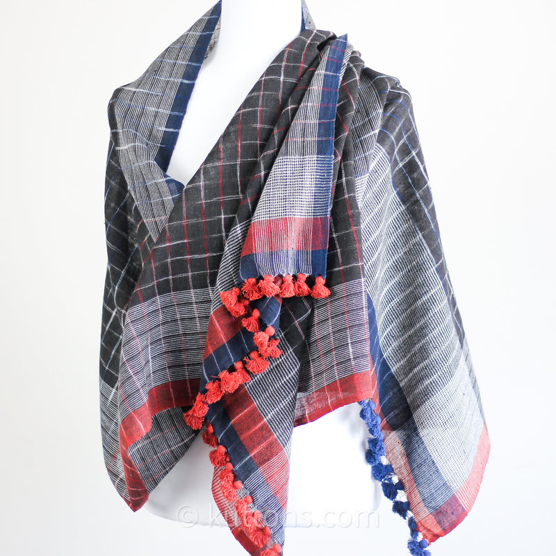 Eco Chic Elegance: Handspun & Handwoven Organic Cotton Scarf, Dyed Naturally, Empowering Women Weavers | Blue-Red, 24x76"
