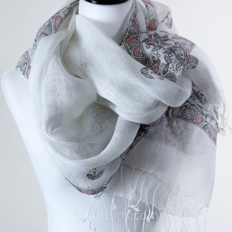 beautiful white madhubani linen scarf