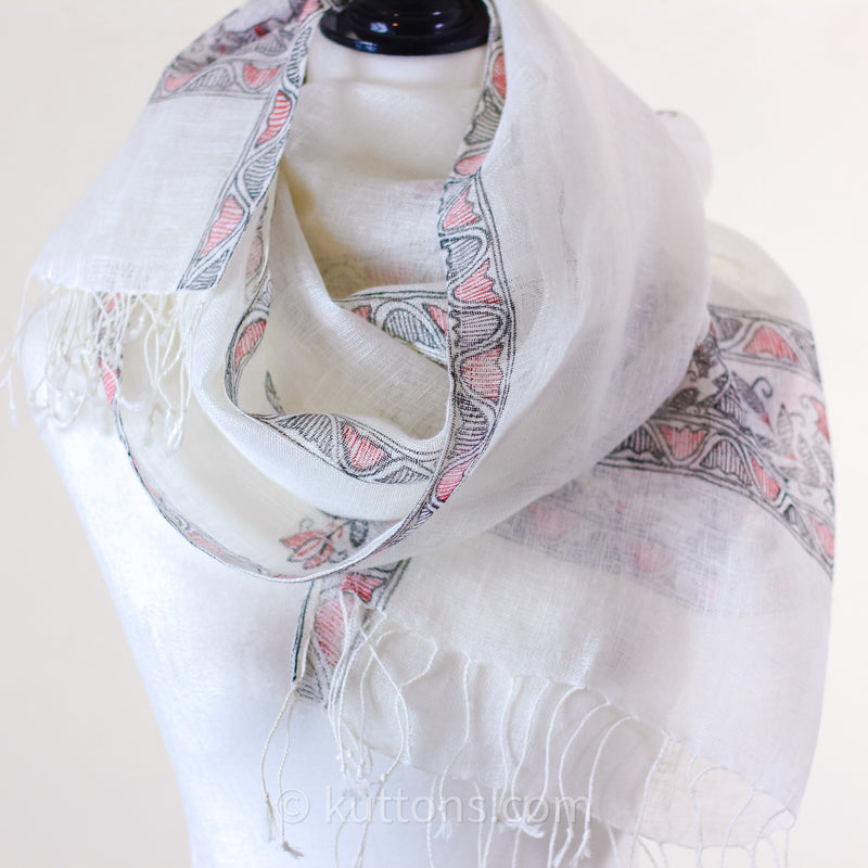 hand painted ethnic madhubani linen scarf