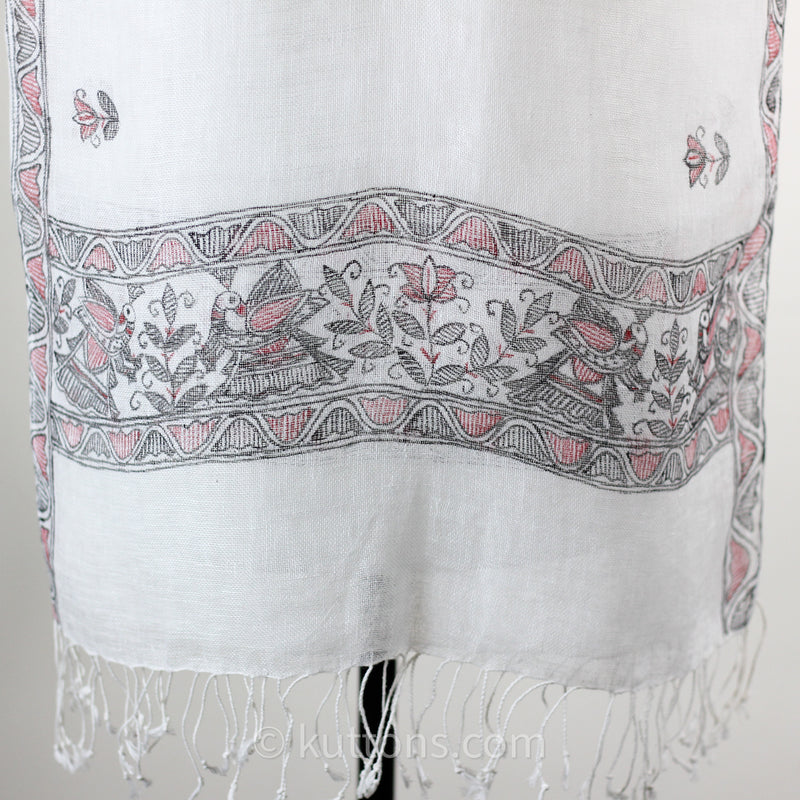 Ethnic Elegance - Madhubani Artisan Hand-Painted Linen Wrap | White, Peacock Motifs, 20x80"