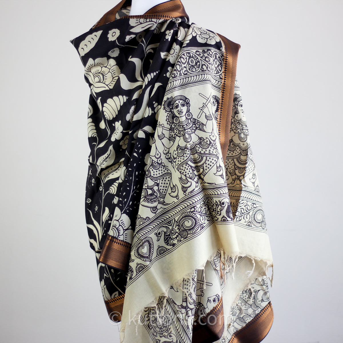 Ethnic Hand-Painted Kalamkari Silk Wrap - Natural Dyes, Floral - Dancing Divas | Black, 36x93"