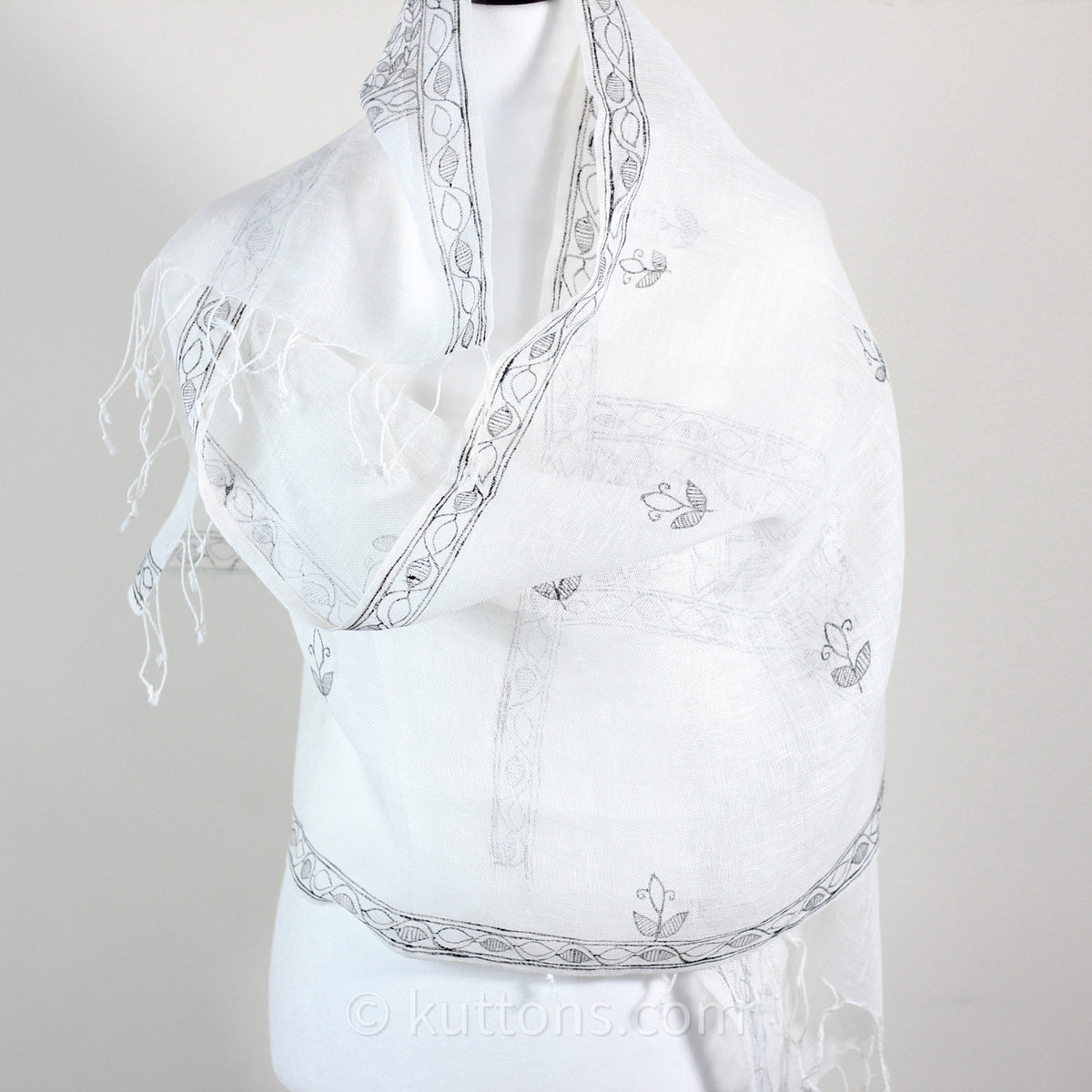 featherweight linen white hand painted scarf