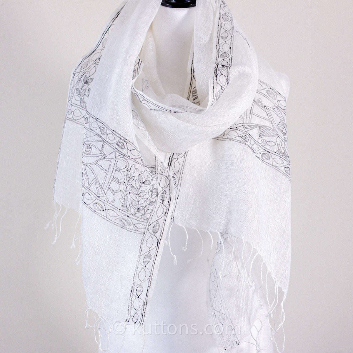 Ethnic Hand-Painted Madhubani Scarf - Linen Wrap | White-Black, Peacock Motifs, 20x80"