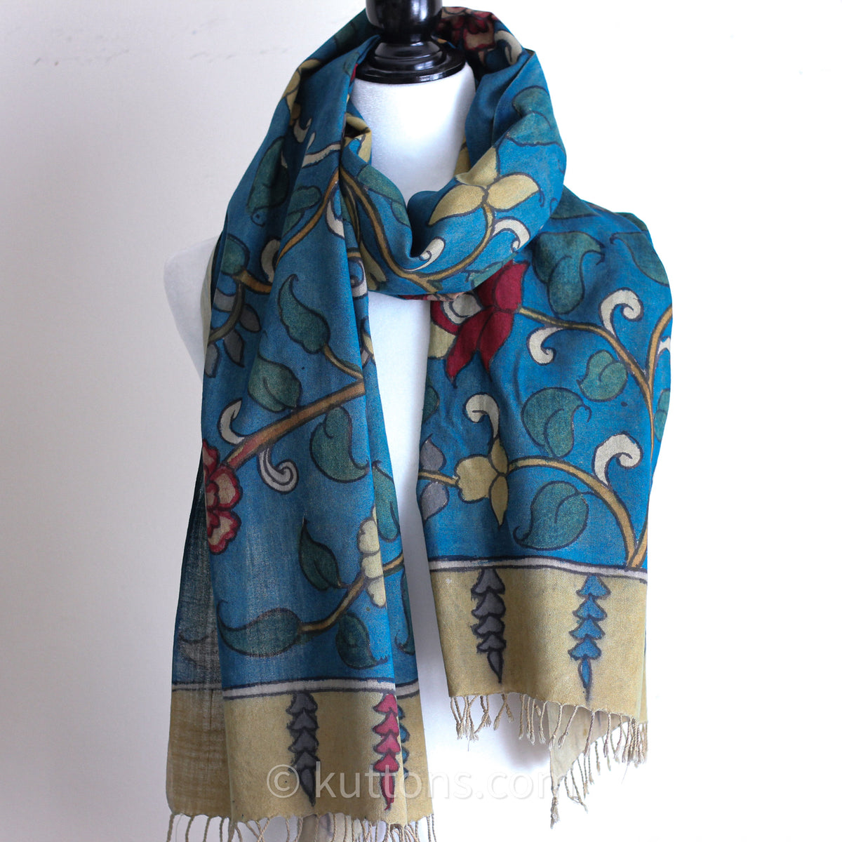 Ethnic Kalamkari Hand-Painted Cotton Scarf - Natural Colours, Floral | Blue, 21x75"