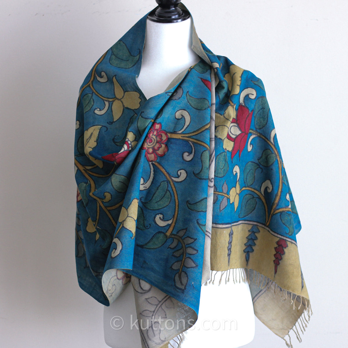 Ethnic Kalamkari Hand-Painted Cotton Scarf - Natural Colours, Floral 