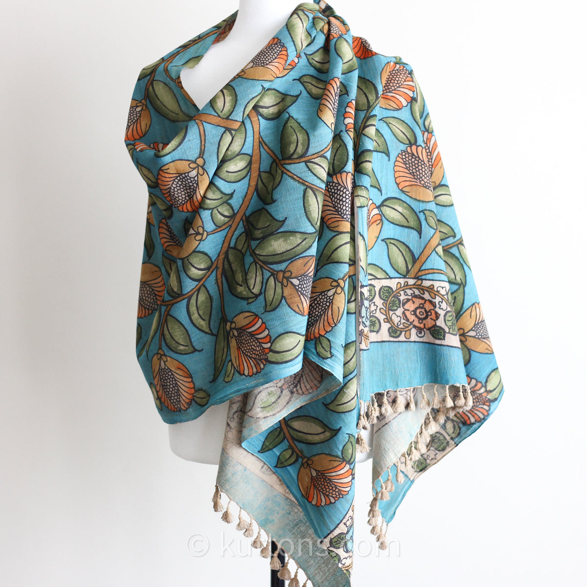 Ethnic Kalamkari Organic Cotton Wrap - Hand-Painted Scarf from Natural Colours | Blue, 23x86"