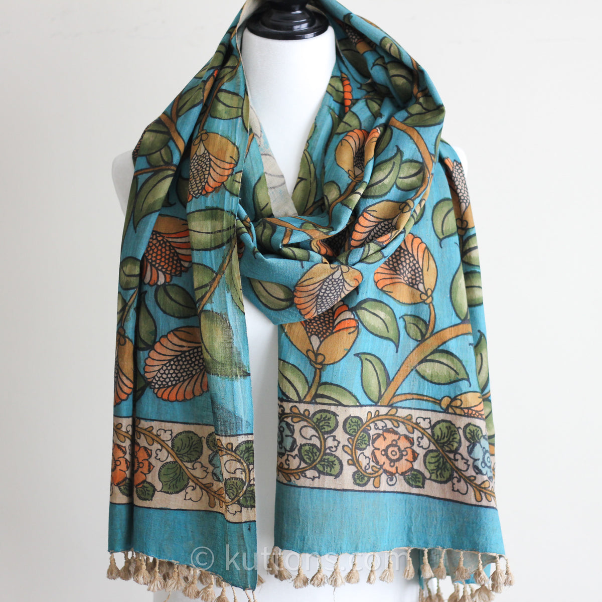 Ethnic Kalamkari Organic Cotton Wrap - Hand-Painted Scarf from Natural Colours