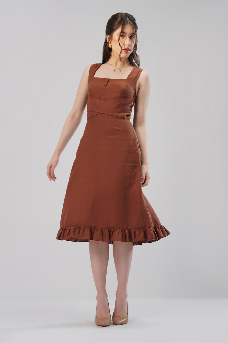 woman wearing brown european linen midi dress front view structured fit