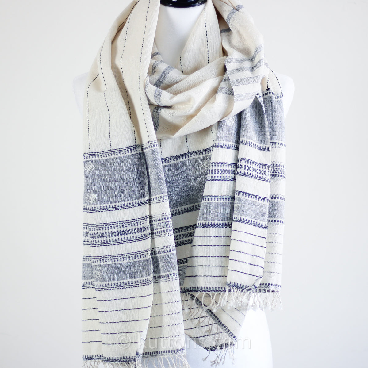 Experience Ethical Elegance - 100% Organic Kala Cotton Handwoven Scarf | Cream-Blue, 24x82"