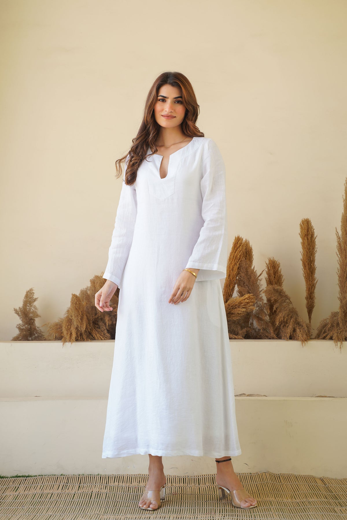 White Linen Kaftan Dress with Long Sleeves