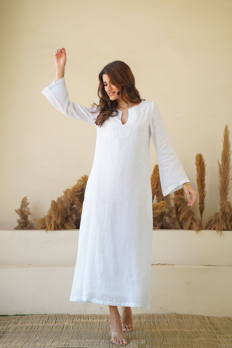 White Linen Kaftan Dress - Kaftan Maxi Dress, Long Sleeves & Pockets | Cotton Lining Kuttons White Linen Kaftan Dress - Kaftan Maxi Dress, Long Sleeves & Pockets | Cotton Lining Kuttons
