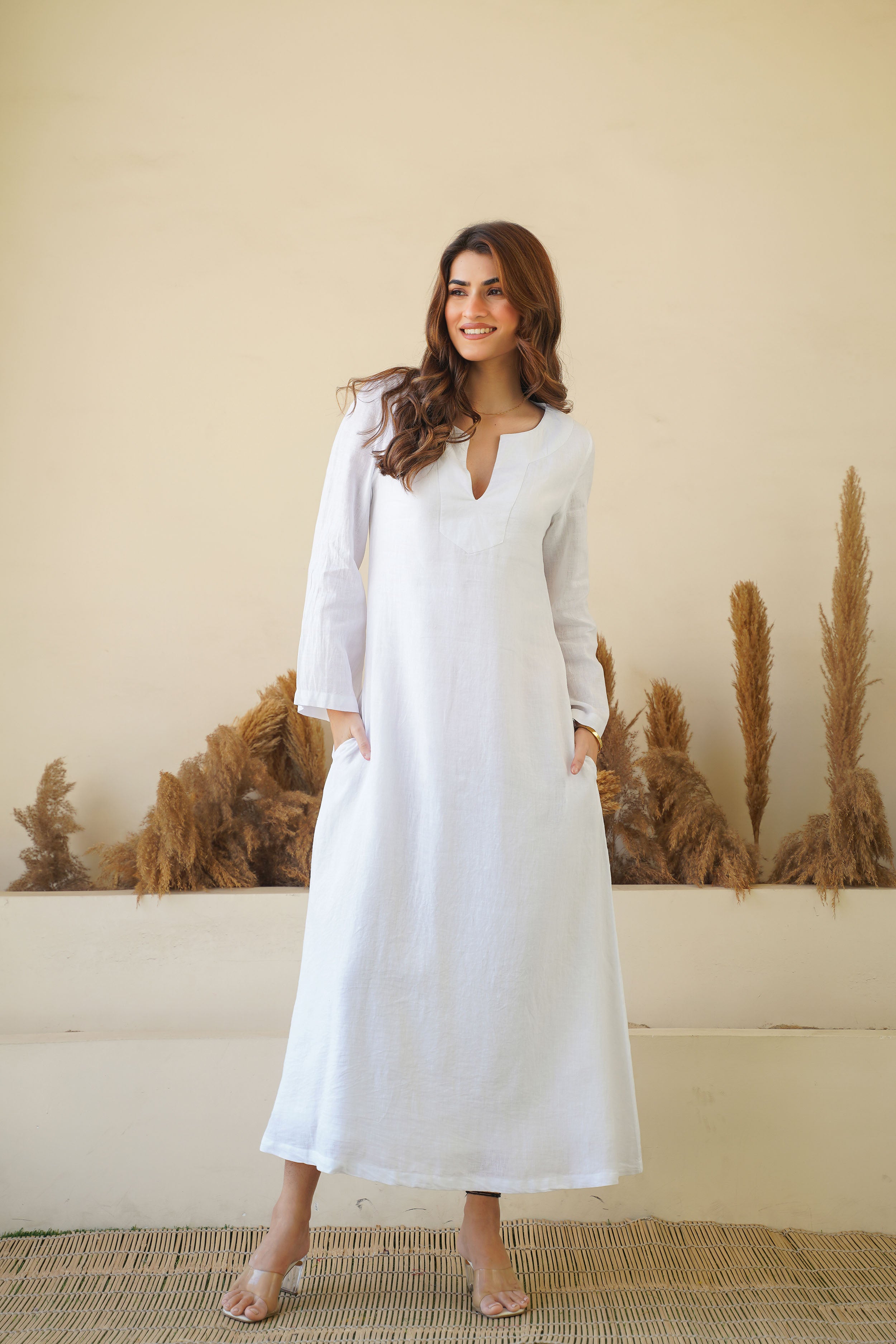 Breezy White Linen Kaftan Dress Flowy Kaftan Maxi Dress with Long Sleeves Pockets Cotton Lining