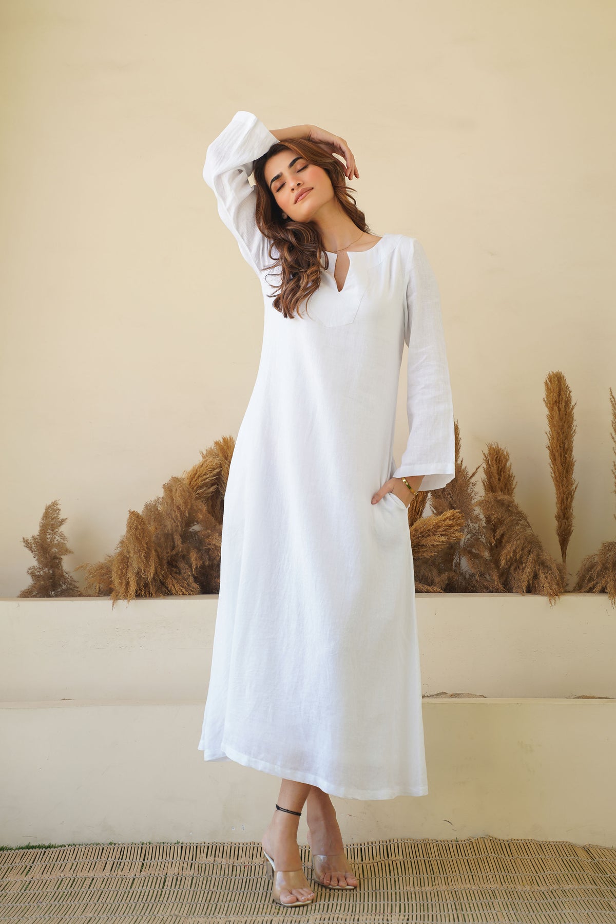 Linen Kaftan Dress, Breezy White Pure Elegance Flowy Kaftan Maxi Dress with Full Sleeves, Cotton Lining Small