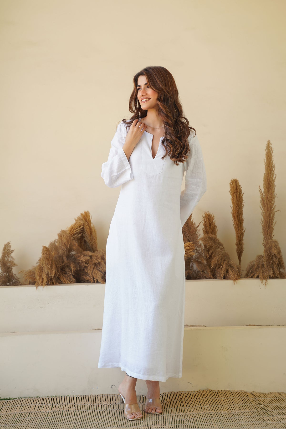 flowy elegant feminine white linen dress