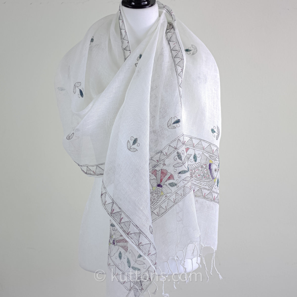 Hand-Painted Ethnic Madhubani Linen Wrap with Tassels - Tribal Motifs, Fish