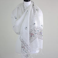 Hand-Painted Ethnic Madhubani Linen Wrap with Tassels - Tribal Motifs, Fish