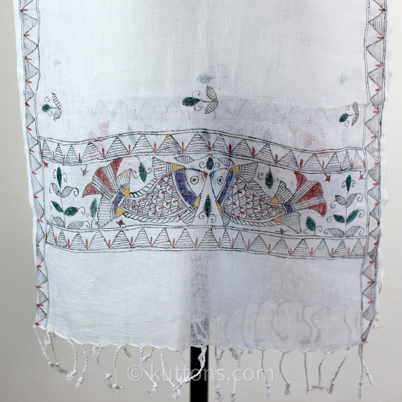 Hand-Painted Ethnic Madhubani Linen Wrap with Tassels - Tribal Motifs, Fish | White, 20x80"