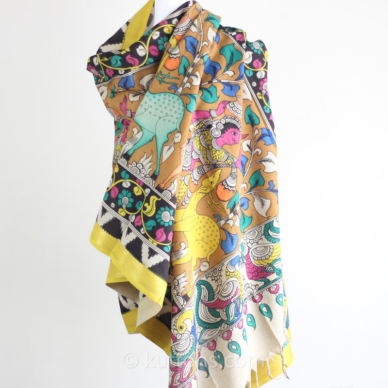 Hand-Painted Kalamkari Cotton Wrap Cum Art Decor Depicting Ethnic Women with Deers - Natural Colours | Multicolour, 36x94"