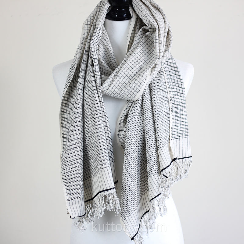 Handspun & Handwoven Cotton Scarf - Sustainable Fashion Stole by Women Artisans | White-Gray, 23x77"