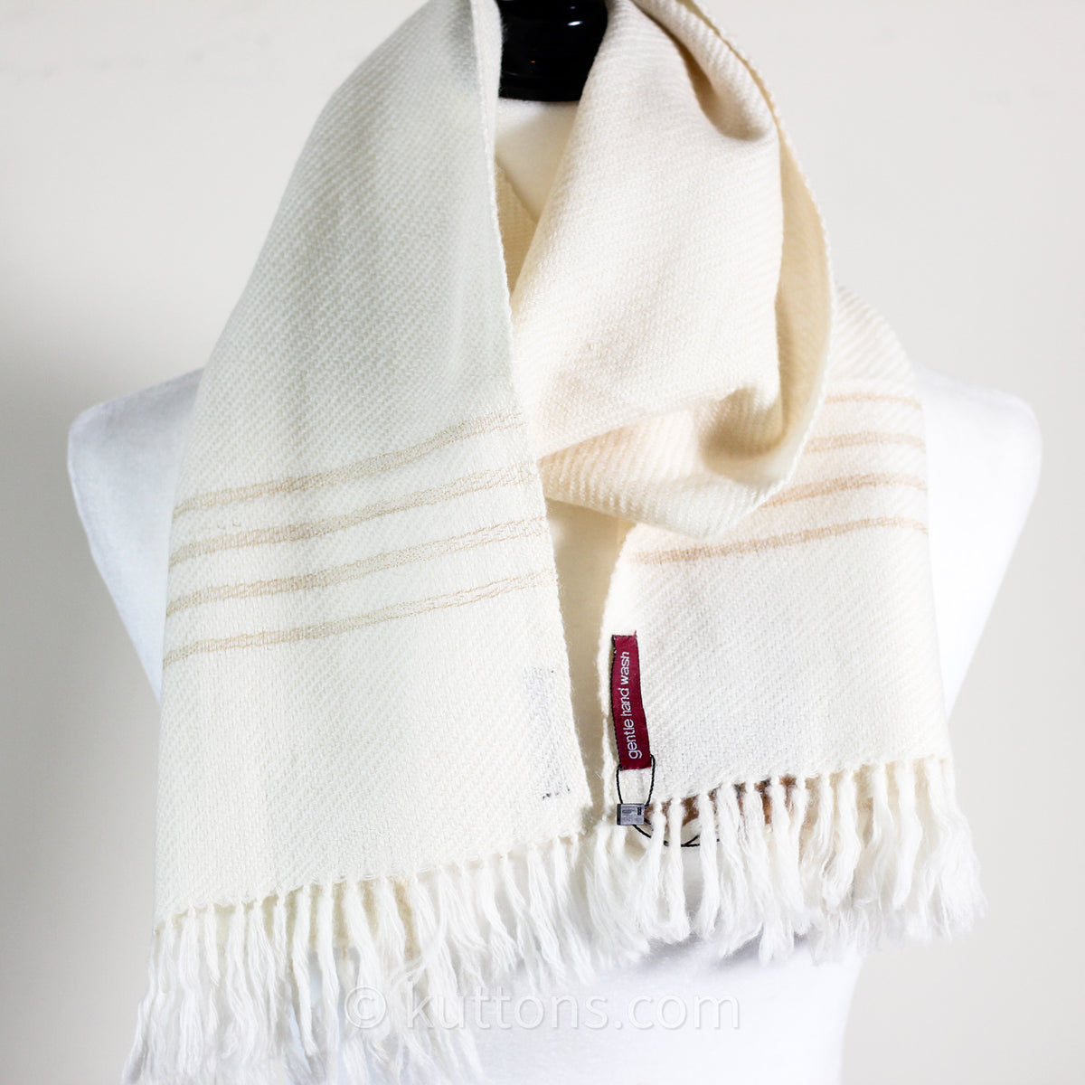 Handwoven Himalayan-Merino Woolen Scarf with Tusser Silk Border | Cream, 11"x52" (Small)
