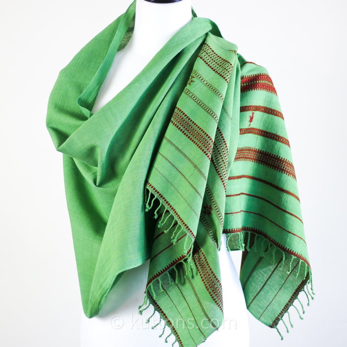 Organic Cotton Scarf - Handwoven Kala Cotton Wrap with Tassels | Green, 22x73"